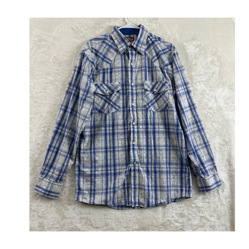 Red Ranch Mens Western Snap Shirt M Blue Plaid Farm Cowboy Rodeo